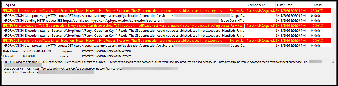 Failed to establish TLS/SSL connection Error in Log File