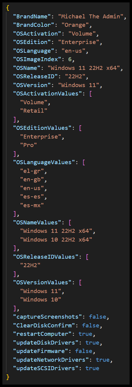 Example JSON Defaults