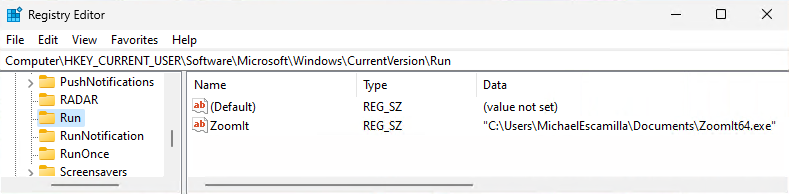 ZoomIt Run Registry Key