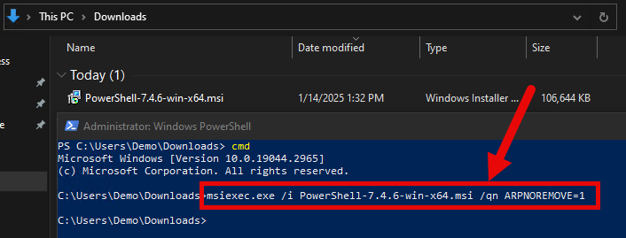 MSI Silent Install example with ARPNOREMOVE=1