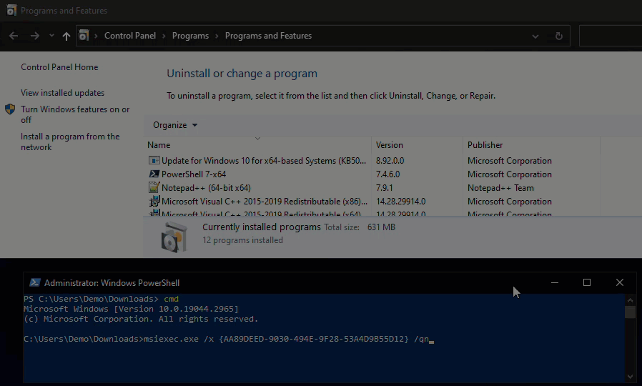 MSI Silent Uninstall example Gif