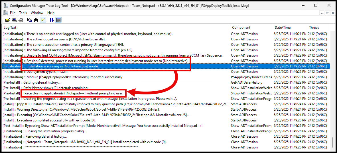 PSADT Log showing the DeployMode