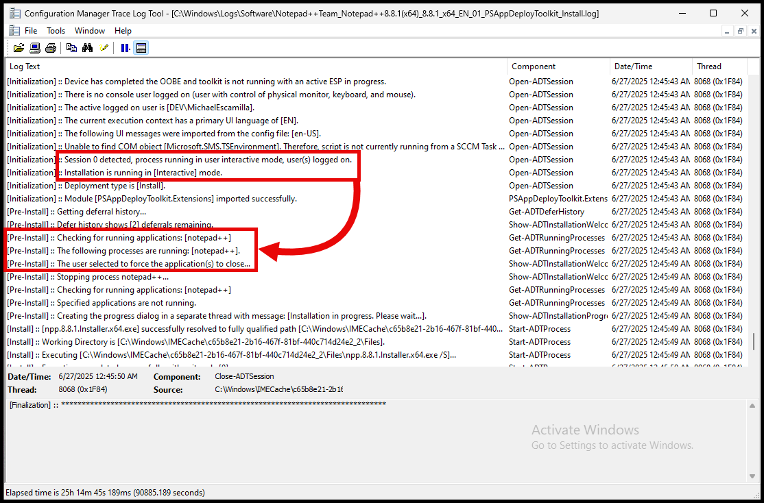 PSADT Log showing the DeployMode with ServiceUI