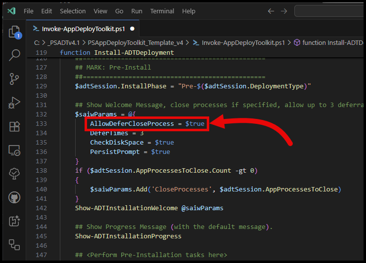 Show the Show-ADTInstallationWelcome function with AllowDeferCloseProcess set to true