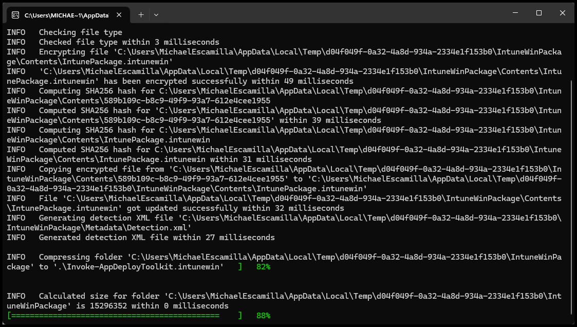 New-IntuneWin32AppPackage output window