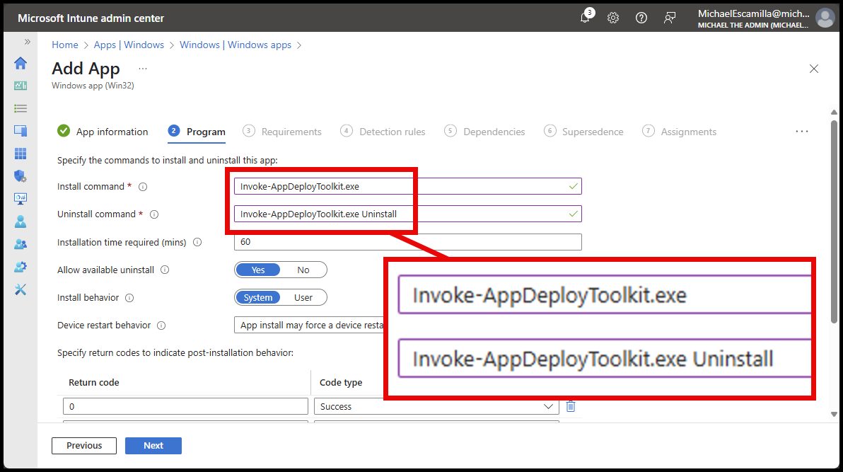 Showing the install commands with Intune