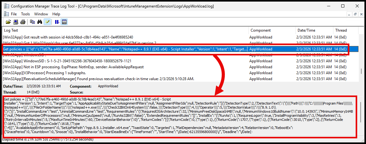 AppWorkload.log showing Win32 app policies