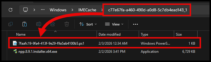 File Explorer shows Extracted install script in IMECache folder