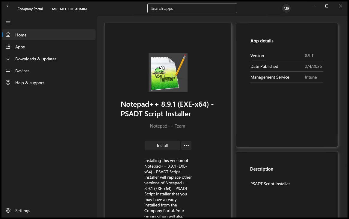 Starting Installation from Company Portal